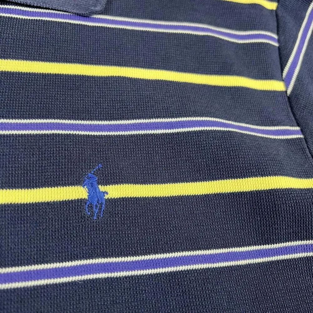 VTG 90s Polo Ralph Lauren Polo Shirt Mens Large Navy Striped Blue Pony - Flaw